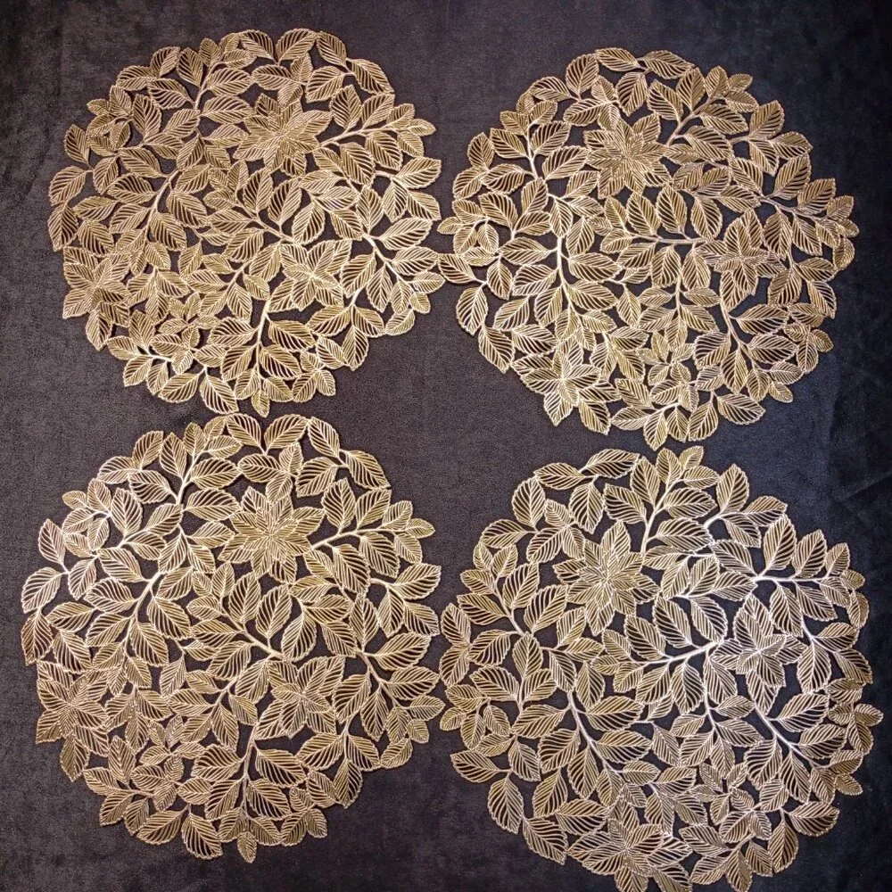 Gold Vinyl Placemats Set of 4 MCM Vintage Style Round Textured Christmas 14.5 in